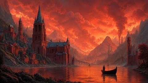 GRID THUMBNAIL — A red-stone gothic city with towering spires lines a calm lake at sunset, mountains behind, fiery clouds overhead, and a lone boat.