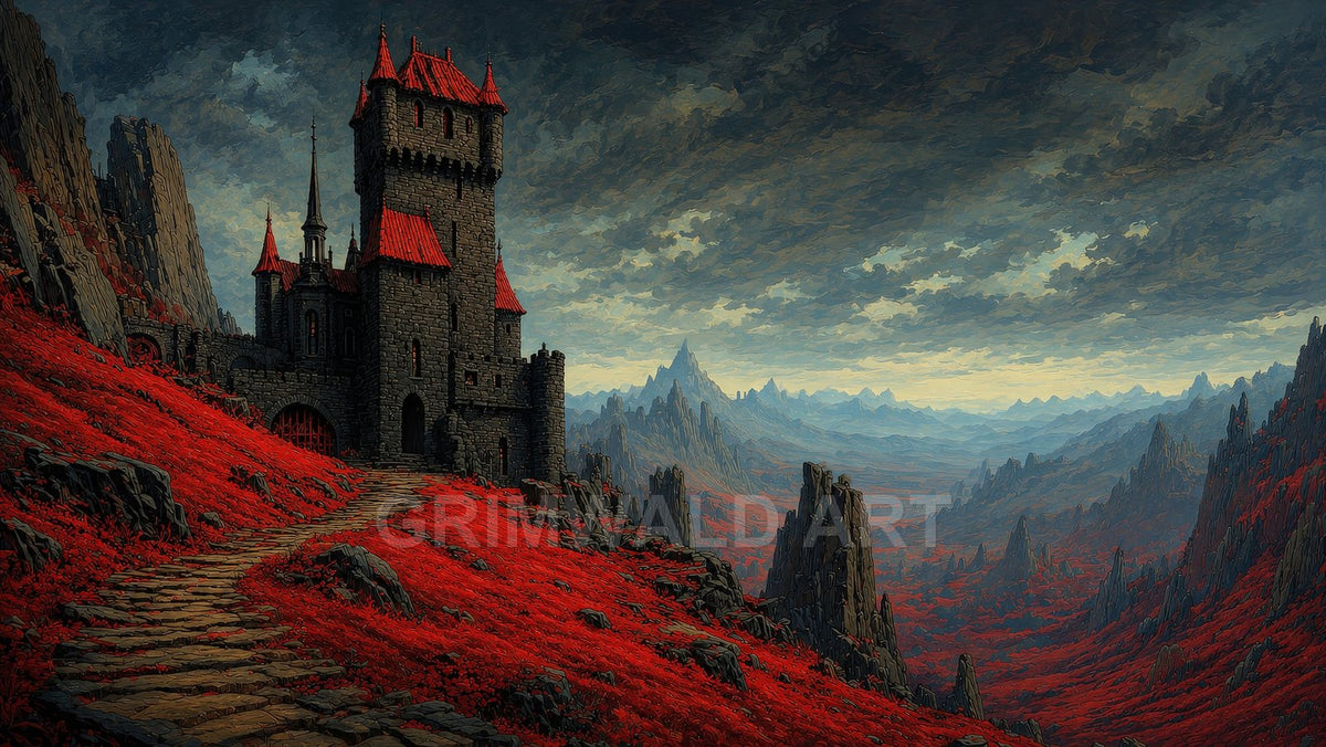 A dark stone castle with red roofs overlooks a jagged mountain valley carpeted in crimson foliage under heavy storm clouds, with a winding path.