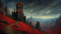 GRID THUMBNAIL — A dark stone castle with red roofs overlooks a jagged mountain valley carpeted in crimson foliage under heavy storm clouds, with a winding path.
