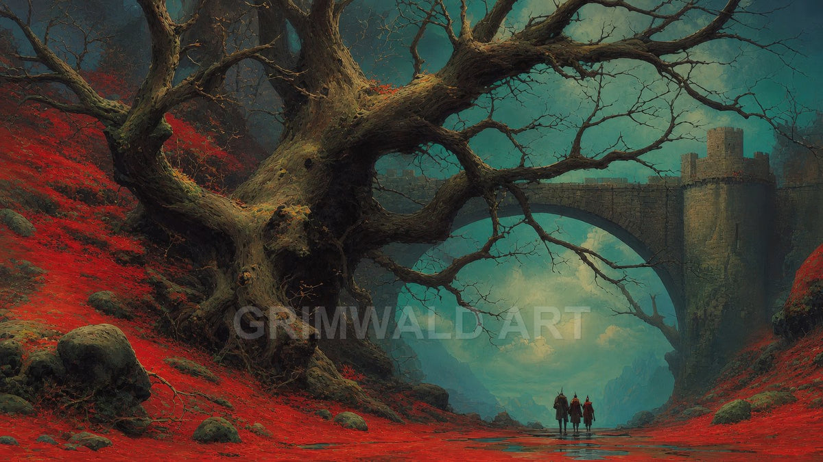 A gnarled, leafless tree beside a stone bridge and castle towers, red ground cover and distant travellers beneath a cool, misty sky.