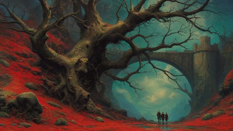 GRID THUMBNAIL — A gnarled, leafless tree beside a stone bridge and castle towers, red ground cover and distant travellers beneath a cool, misty sky.