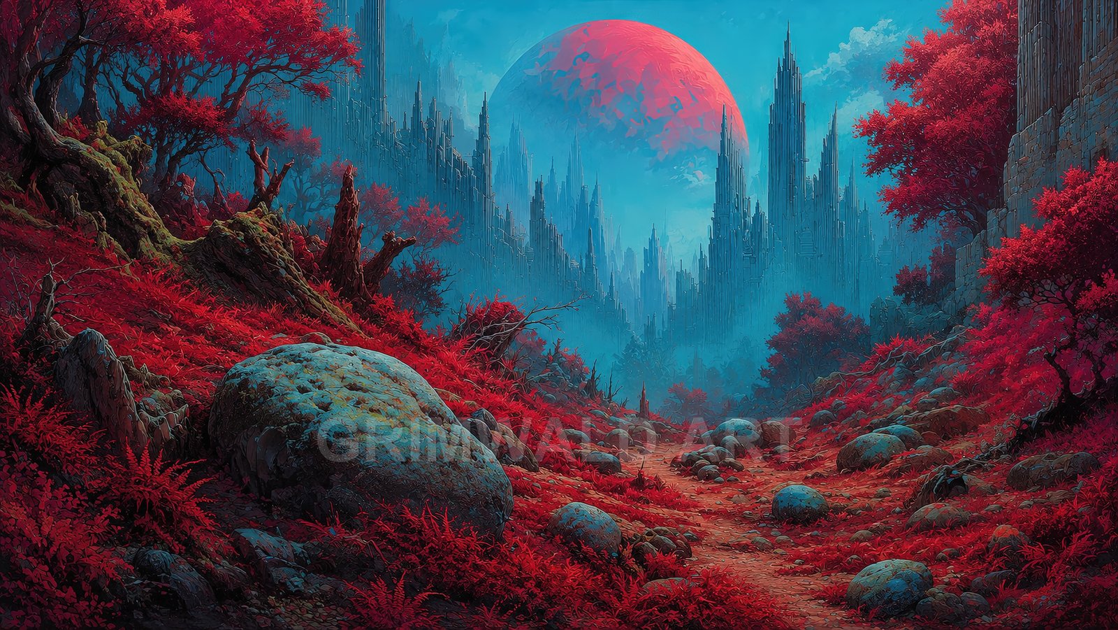 A winding path through a crimson-leafed forest leads toward misty spired city and a vast red moon looming in a teal sky.