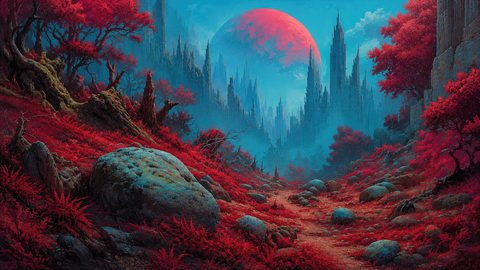 GRID THUMBNAIL — A winding path through a crimson-leafed forest leads toward misty spired city and a vast red moon looming in a teal sky.