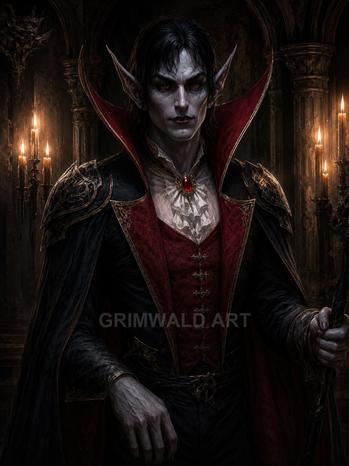 Pale vampire noble with red eyes and pointed ears stands in a firelit gothic hall, wearing scarlet regalia and holding a staff.