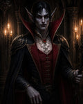 GRID THUMBNAIL — Pale vampire noble with red eyes and pointed ears stands in a firelit gothic hall, wearing scarlet regalia and holding a staff.