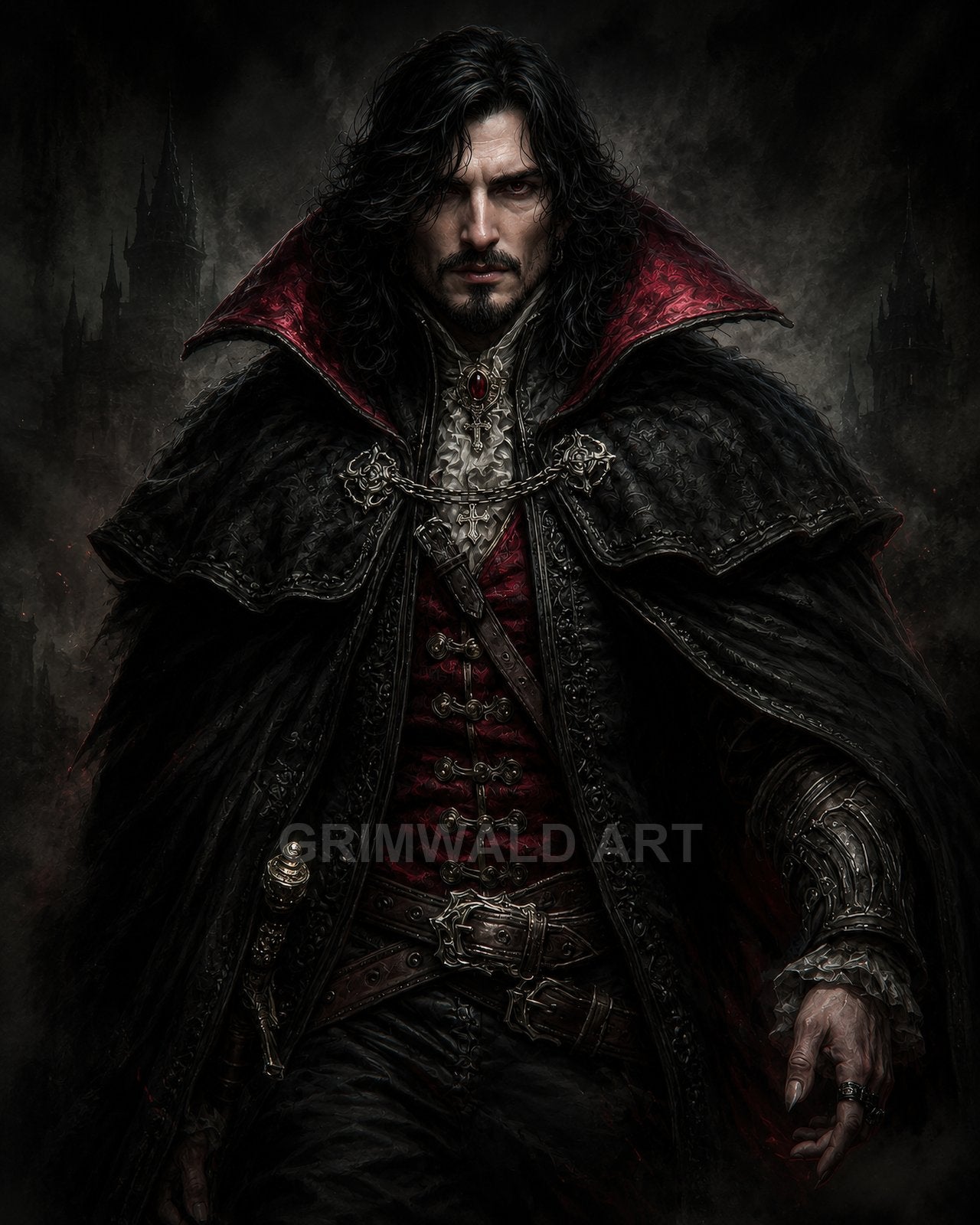 A brooding male vampire in an ornate black cloak with crimson lining and rapier hilt stands before a mist-shrouded gothic castle at night.