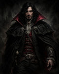 GRID THUMBNAIL — A brooding male vampire in an ornate black cloak with crimson lining and rapier hilt stands before a mist-shrouded gothic castle at night.