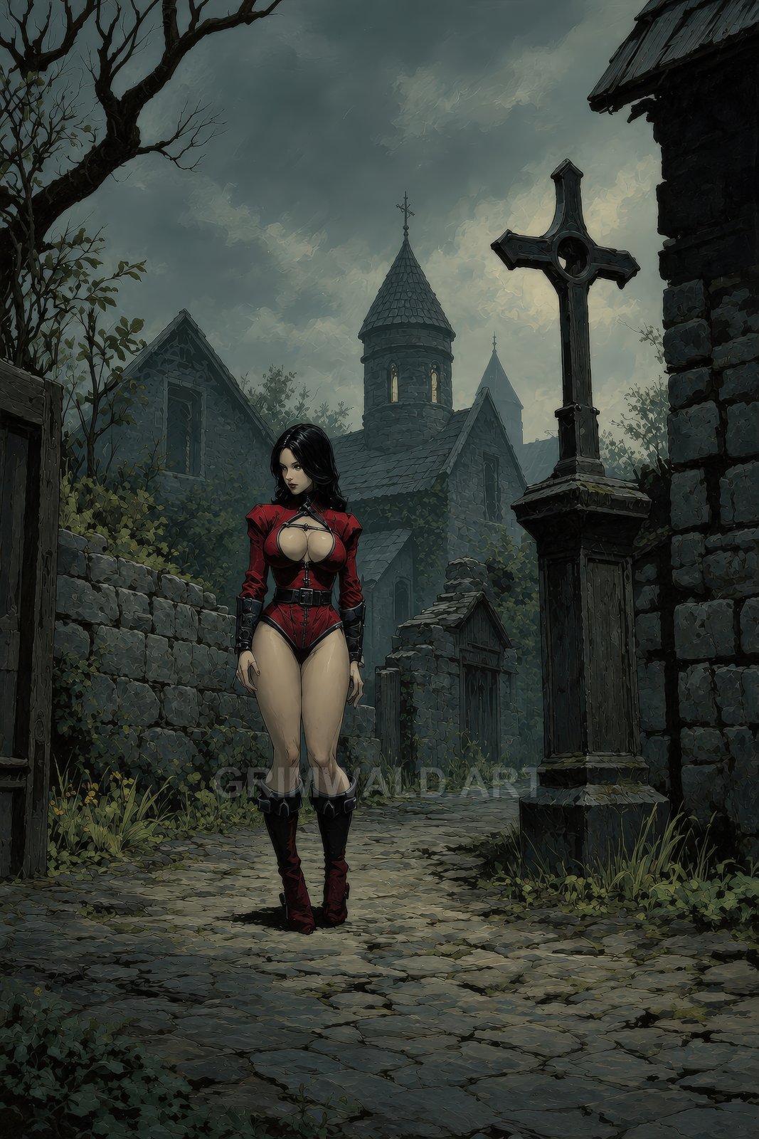 A black-haired woman in a red outfit walks along a cobblestone path through a gothic graveyard beside a stone church under grey skies.