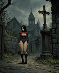 GRID THUMBNAIL — A black-haired woman in a red outfit walks along a cobblestone path through a gothic graveyard beside a stone church under grey skies.