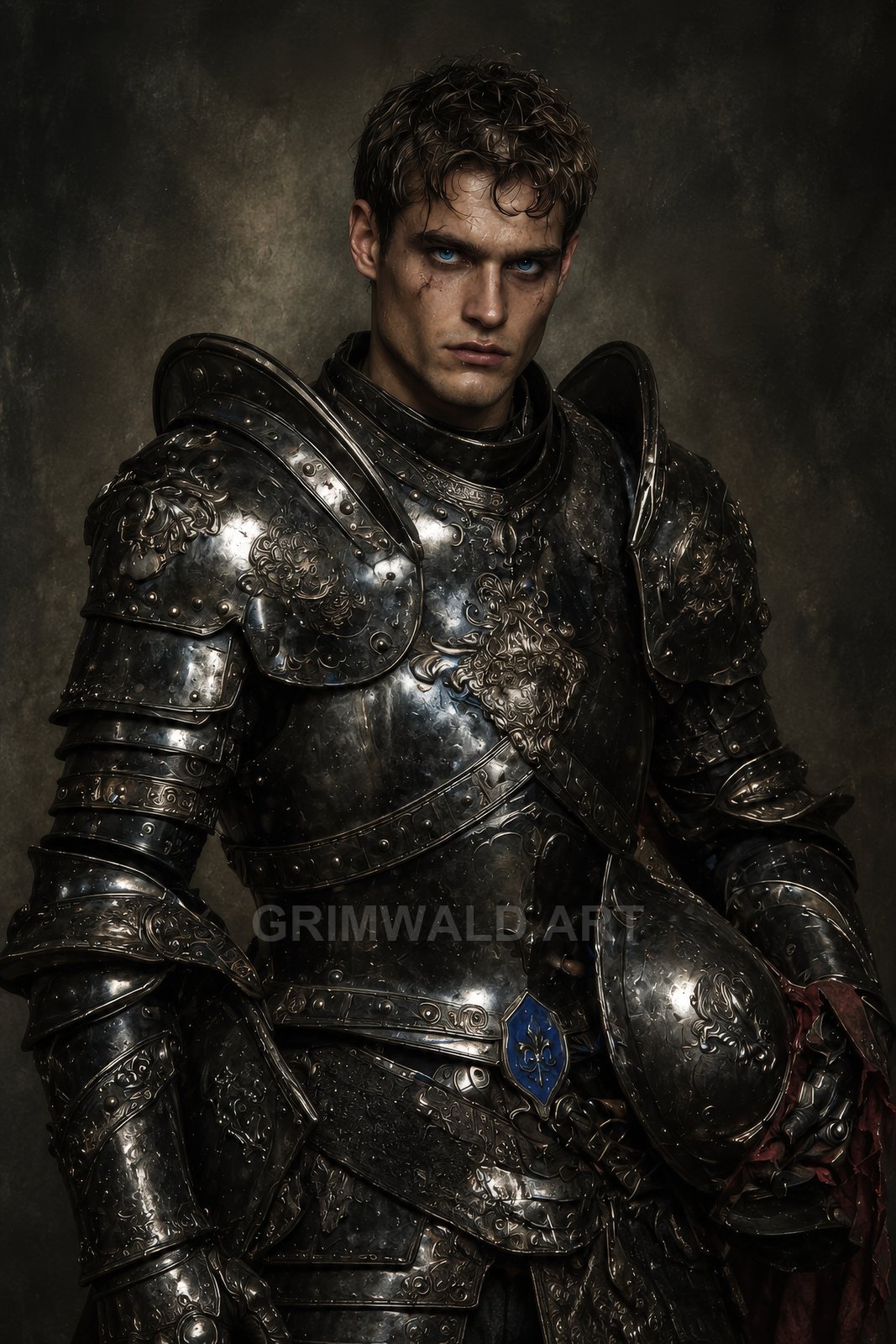 Battle-scarred knight in elaborately engraved dark steel armour faces forward, intense blue eyes, gauntlets and tassets visible, moody studio background with subtle light and shadow.