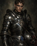GRID THUMBNAIL — Battle-scarred knight in elaborately engraved dark steel armour faces forward, intense blue eyes, gauntlets and tassets visible, moody studio background with subtle light and shadow.