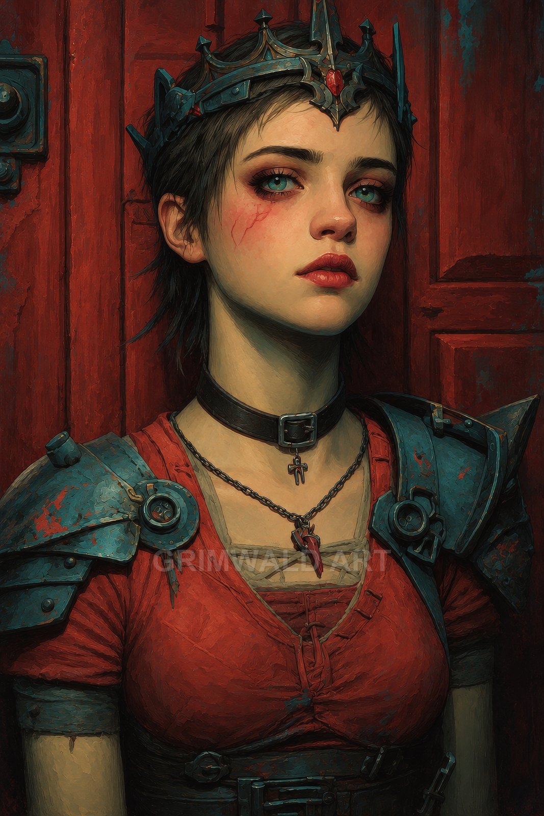 Portrait of a young crowned woman in blue steel pauldrons and red tunic before a red door, with a cheek scar and calm, melancholic gaze.