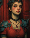 GRID THUMBNAIL — Portrait of a young crowned woman in blue steel pauldrons and red tunic before a red door, with a cheek scar and calm, melancholic gaze.