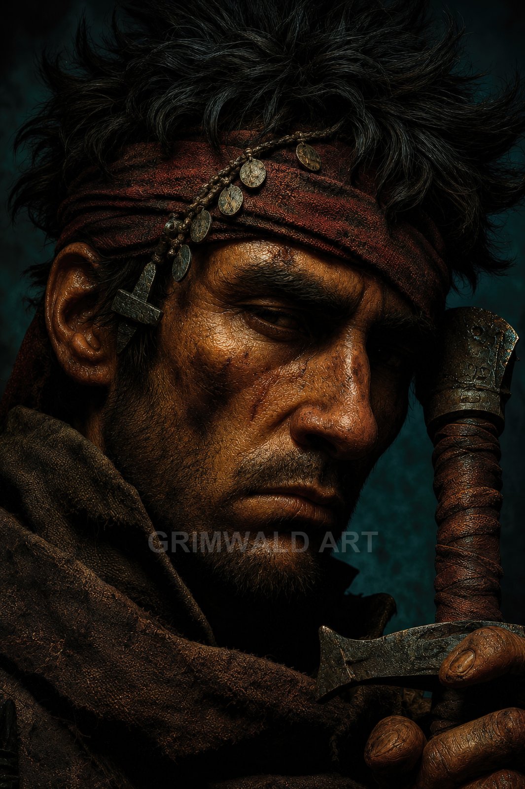 Close-up portrait of a rugged male rogue with a red coin-strung headscarf, scarred face, and worn dagger, lit with warm, moody tones.