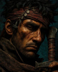 GRID THUMBNAIL — Close-up portrait of a rugged male rogue with a red coin-strung headscarf, scarred face, and worn dagger, lit with warm, moody tones.