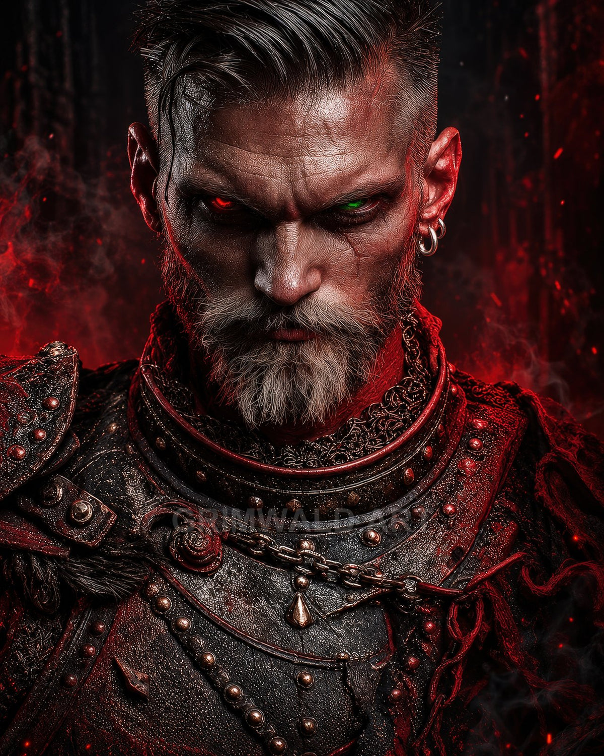 Close-up portrait of a bearded male knight in dark ornate armour, one red and one green glowing eye, surrounded by drifting red smoke, firelit.