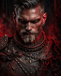 GRID THUMBNAIL — Close-up portrait of a bearded male knight in dark ornate armour, one red and one green glowing eye, surrounded by drifting red smoke, firelit.