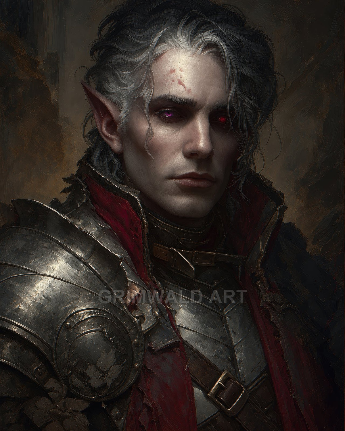 Dark fantasy portrait of a pale, scarred elf in battered plate armour and red cloak, glowing crimson eyes staring intensely against a shadowed backdrop.
