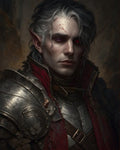 GRID THUMBNAIL — Dark fantasy portrait of a pale, scarred elf in battered plate armour and red cloak, glowing crimson eyes staring intensely against a shadowed backdrop.