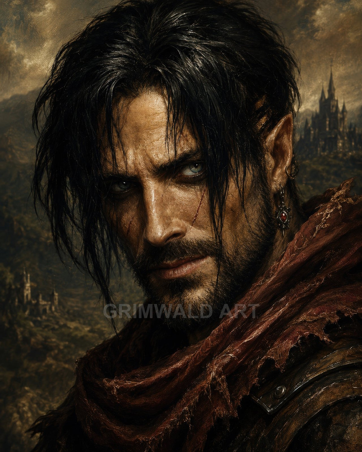 Brooding male elf with scar and dark hair, wearing red scarf and leather armour, gazing forward with a castle in the moody background.