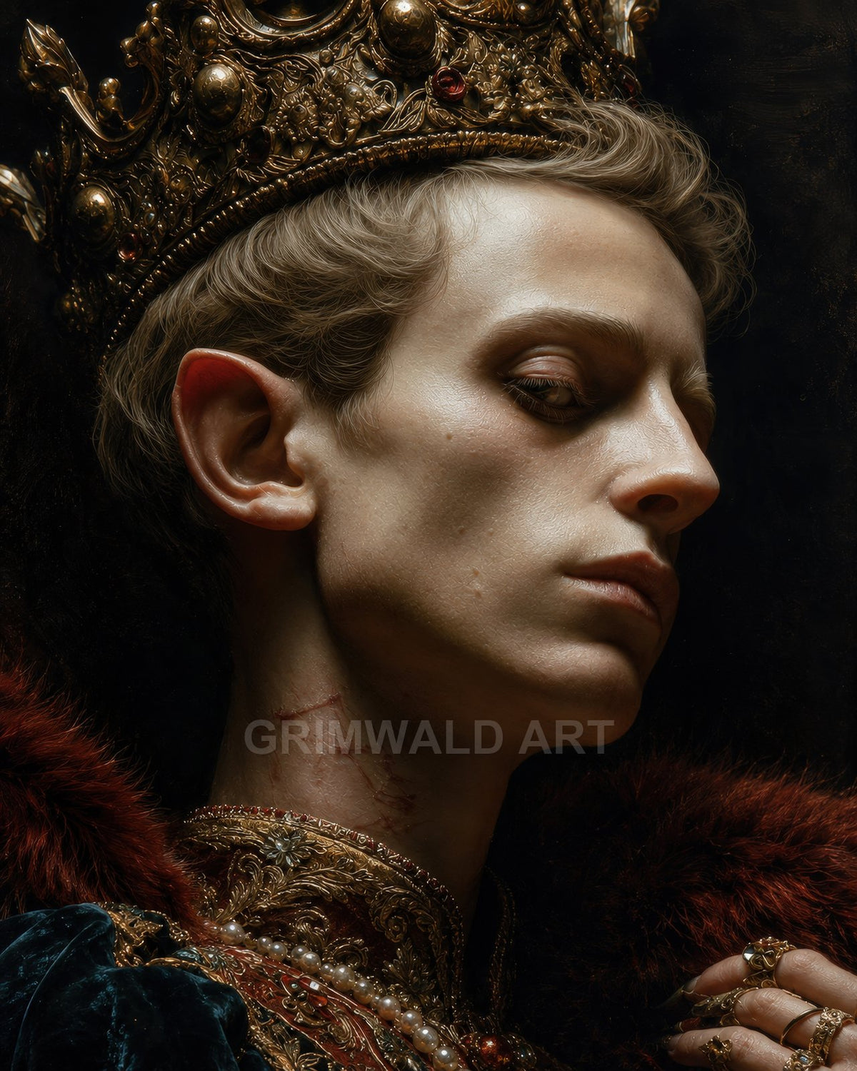 Close-up of an androgynous elf monarch in an ornate jewelled crown and embroidered robes, neck scars visible, against a dark, moody backdrop.