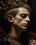 GRID THUMBNAIL — Close-up of an androgynous elf monarch in an ornate jewelled crown and embroidered robes, neck scars visible, against a dark, moody backdrop.