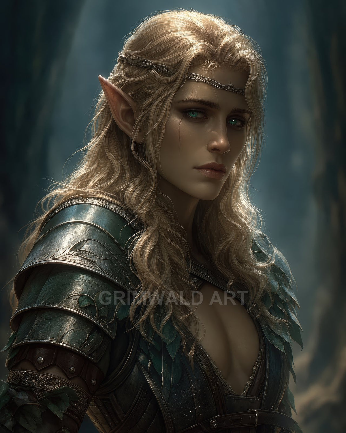 Portrait of a blonde elf woman in green leaf-etched armour and circlet, scarred cheek, standing in a dim forest with moody twilight lighting.
