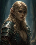 GRID THUMBNAIL — Portrait of a blonde elf woman in green leaf-etched armour and circlet, scarred cheek, standing in a dim forest with moody twilight lighting.
