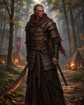 GRID THUMBNAIL — Armoured, scarred warrior with a glowing curved sword stands in a misty forest camp, red scarf trailing, tents and fires flickering behind.