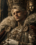 GRID THUMBNAIL — A scarred blond-haired king wears a towering gilded crown and fur-lined cloak, lavishly ornamented regalia, in a dim, opulent interior.