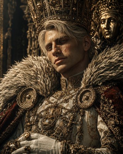 GRID THUMBNAIL — A scarred blond-haired king wears a towering gilded crown and fur-lined cloak, lavishly ornamented regalia, in a dim, opulent interior.