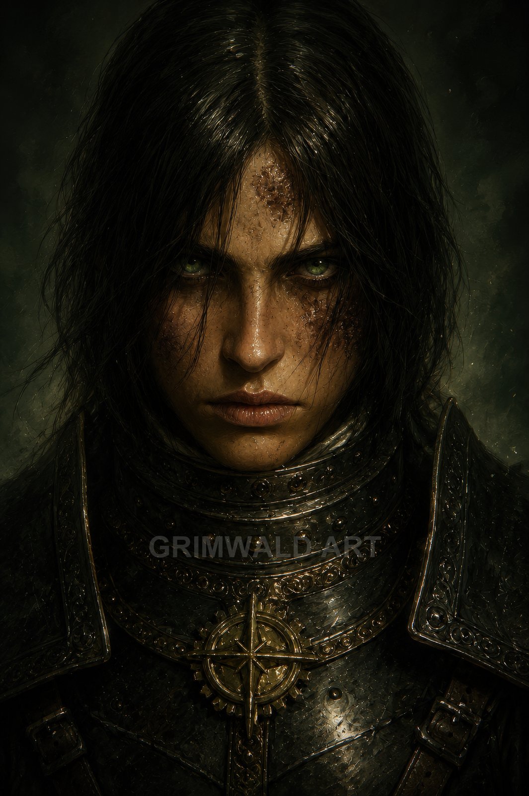 Close-up portrait of a battle-worn knight in dark ornate armour, green eyes glaring, compass-shaped golden emblem on chest, moody firelit background.
