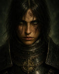 GRID THUMBNAIL — Close-up portrait of a battle-worn knight in dark ornate armour, green eyes glaring, compass-shaped golden emblem on chest, moody firelit background.
