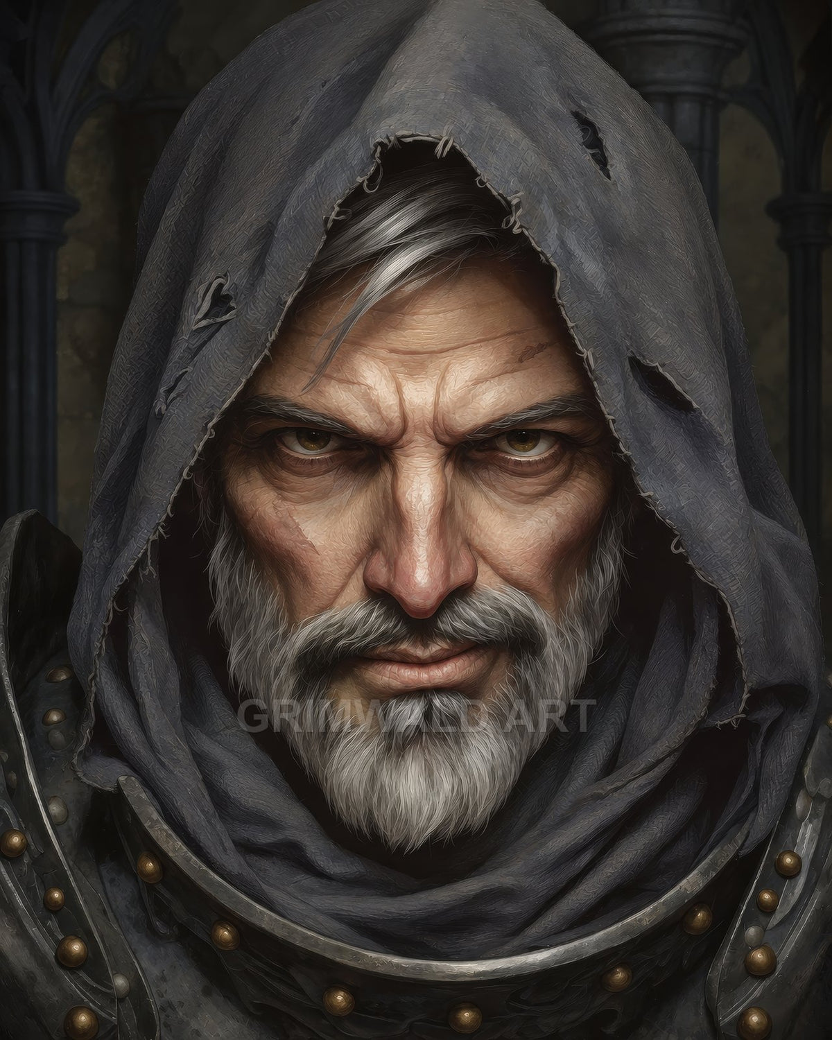 Close-up portrait of a grey-bearded man in a tattered hood and studded armour, staring intently inside a dim cathedral with moody, dramatic lighting.