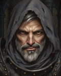 GRID THUMBNAIL — Close-up portrait of a grey-bearded man in a tattered hood and studded armour, staring intently inside a dim cathedral with moody, dramatic lighting.