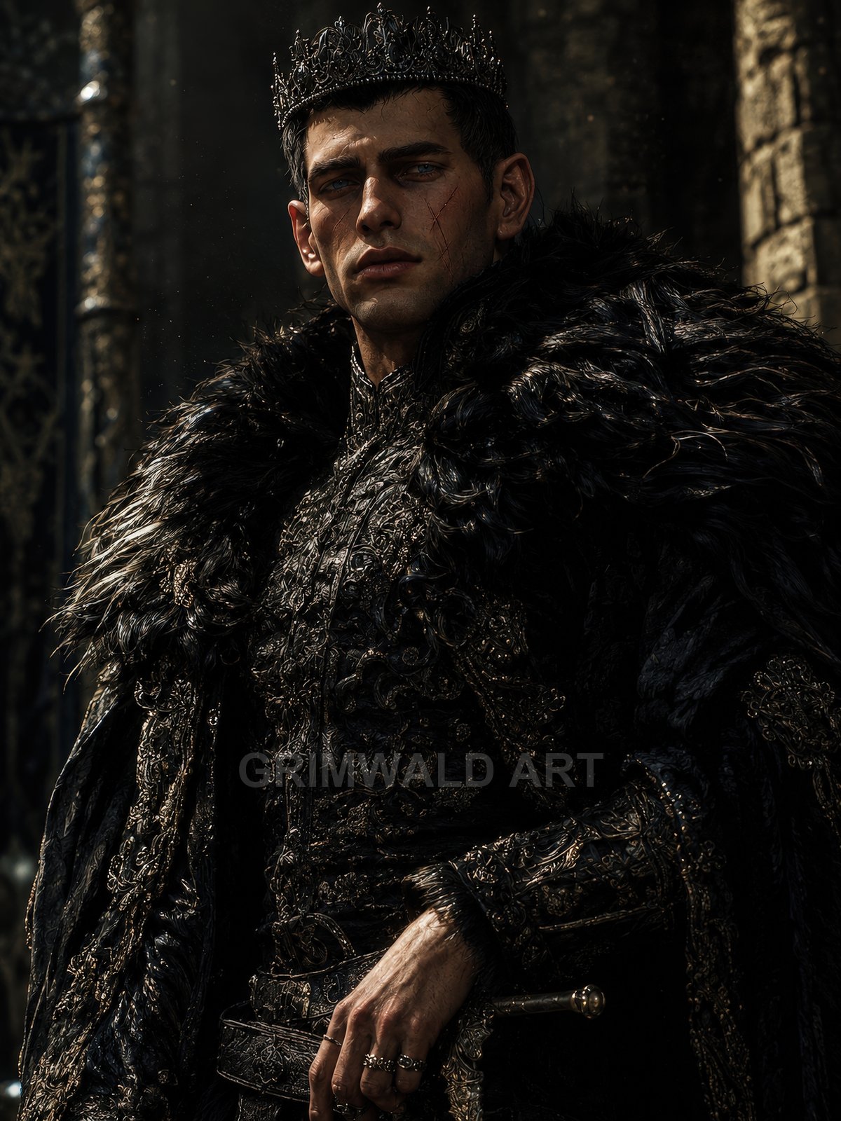 Scarred young king in ornate black armour and feathered cloak, wearing an iron crown, resting hand on sword before dark stone castle arches.