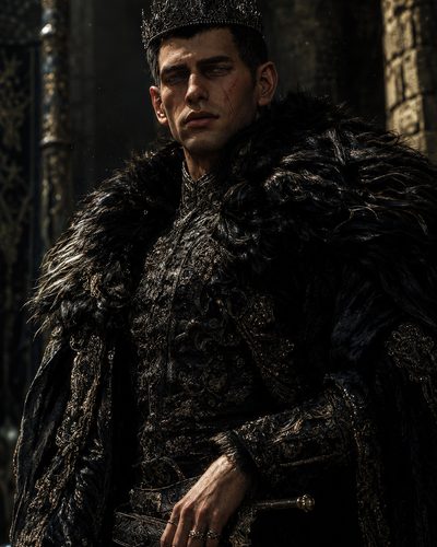 GRID THUMBNAIL — Scarred young king in ornate black armour and feathered cloak, wearing an iron crown, resting hand on sword before dark stone castle arches.