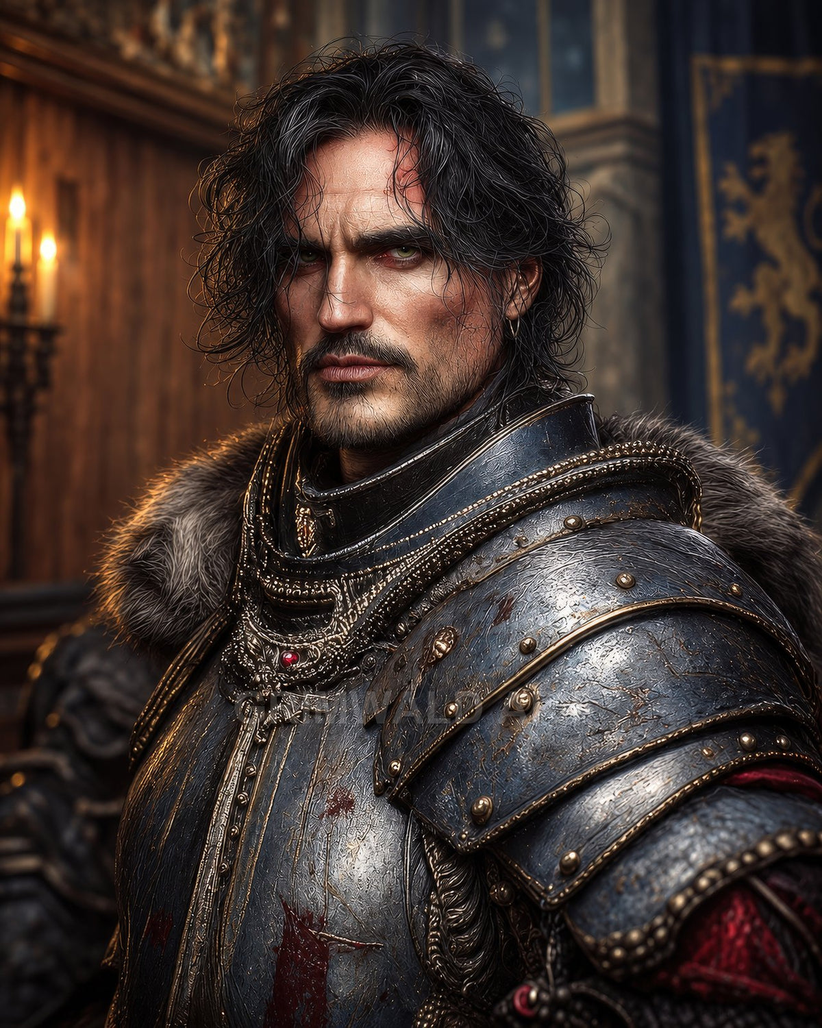 Brooding male knight in ornate, gilt-edged steel armour with fur mantle and bloodstains, lit by candles inside a grand castle hall.