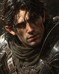 GRID THUMBNAIL — Close-up portrait of a scarred male knight in weathered steel armour and dark scarf, firelit highlights on metal, brooding expression against a shadowed background.