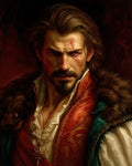GRID THUMBNAIL — Portrait of a scarred bearded man in crimson brocade and a fur-trimmed cloak, gold pendant glinting, set against a dark, firelit background.