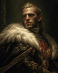 GRID THUMBNAIL — Portrait of a scarred male noble in ornate gold-embroidered cloak with white fur mantle, jewelled red chestpiece, moody firelit interior.