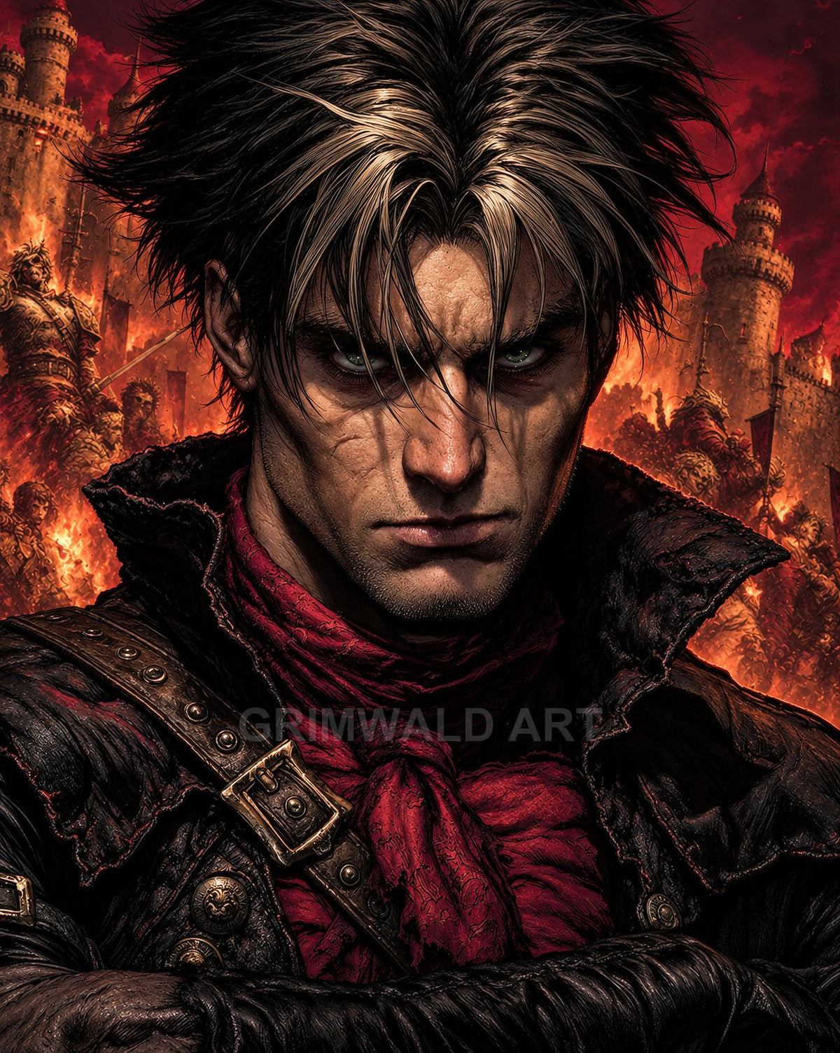 Brooding male rogue with scarred face and red scarf in leather gear, set before a burning castle and flames under a dark sky.