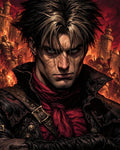 GRID THUMBNAIL — Brooding male rogue with scarred face and red scarf in leather gear, set before a burning castle and flames under a dark sky.