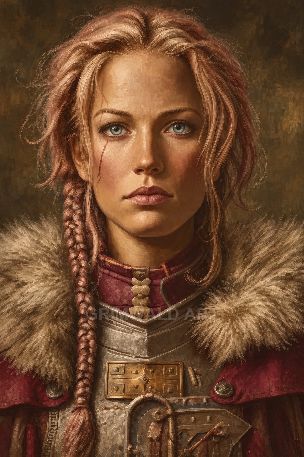 Close portrait of a female warrior with braided hair, cheek scar and blue eyes, wearing fur-trimmed cloak and weathered steel armour against a muted background.