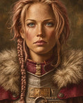 GRID THUMBNAIL — Close portrait of a female warrior with braided hair, cheek scar and blue eyes, wearing fur-trimmed cloak and weathered steel armour against a muted background.