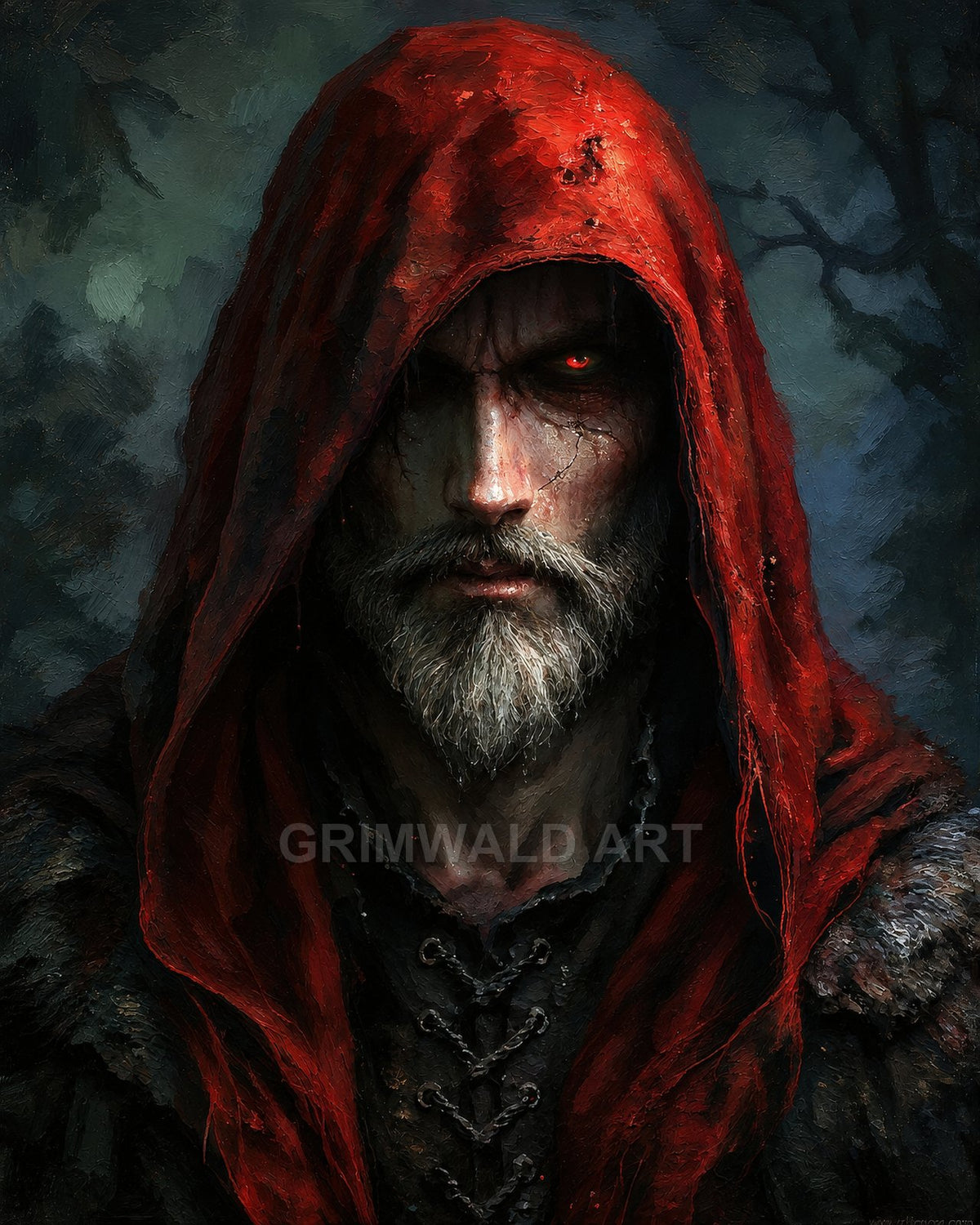 Bearded man in a tattered red hood stares forward with one glowing red eye, against a dark forest background, painted in gritty detail.