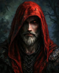GRID THUMBNAIL — Bearded man in a tattered red hood stares forward with one glowing red eye, against a dark forest background, painted in gritty detail.