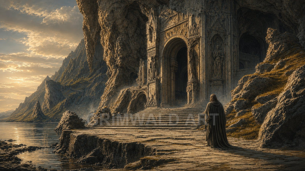 Golden-hour view of a vast cliffside temple entrance above a calm coast, stone steps and a lone robed figure approaching the shadowed archways.