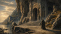 GRID THUMBNAIL — Golden-hour view of a vast cliffside temple entrance above a calm coast, stone steps and a lone robed figure approaching the shadowed archways.