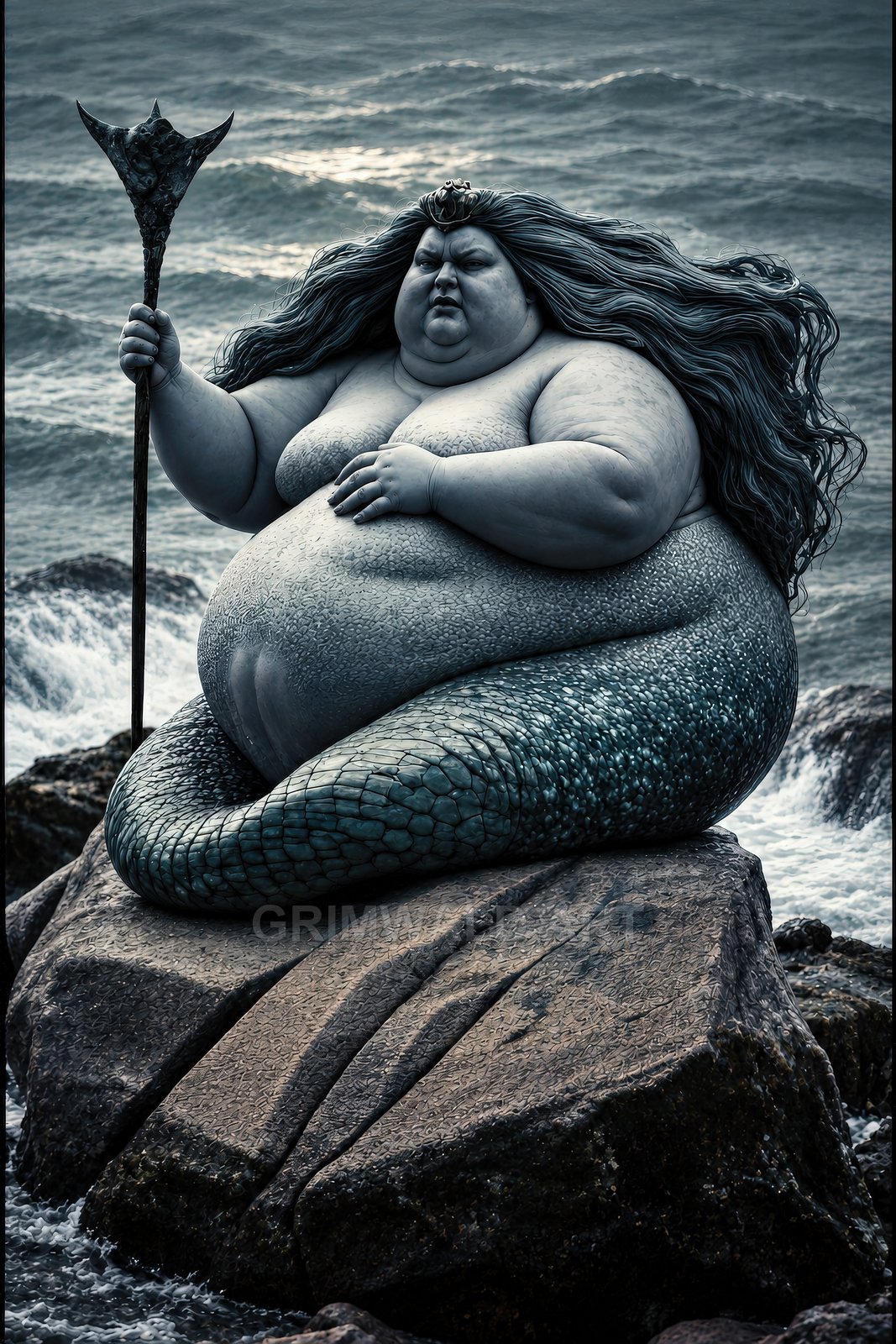 Mermaid queen with flowing hair sits on coastal rocks, holding a spiked staff as waves crash behind, teal scales glistening in moody daylight.